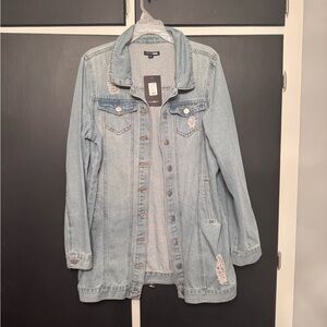 Women’s long length distressed denim jacket. NWT